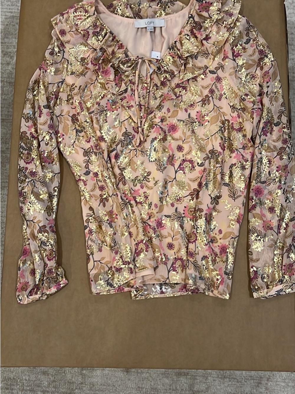 LOFT Pink and Gold Floral Ruffle Tie-Neck Blouse